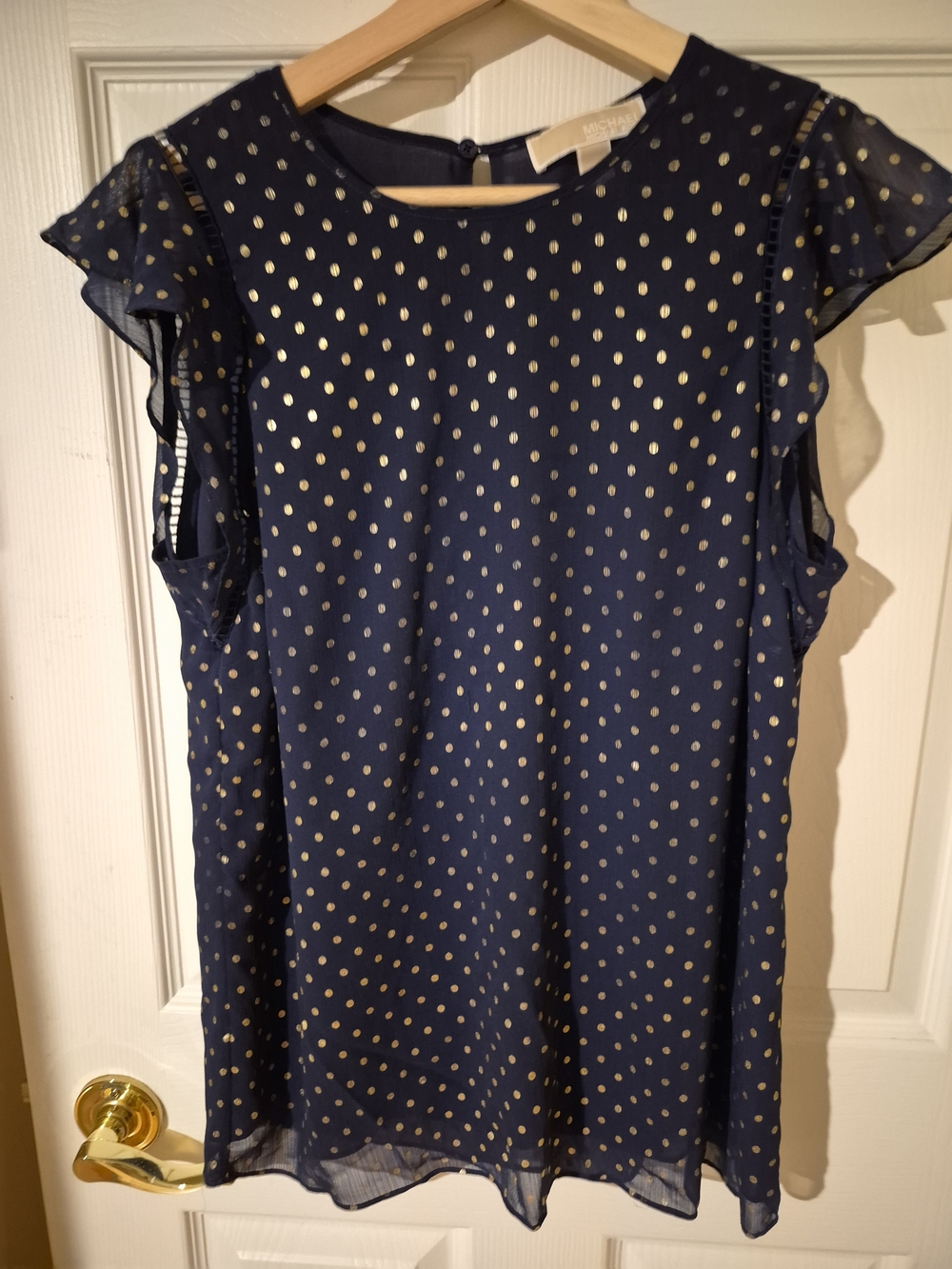 Michael Kors Navy Blue Chiffon Foil Gold Dot Ruffle Top Sz L